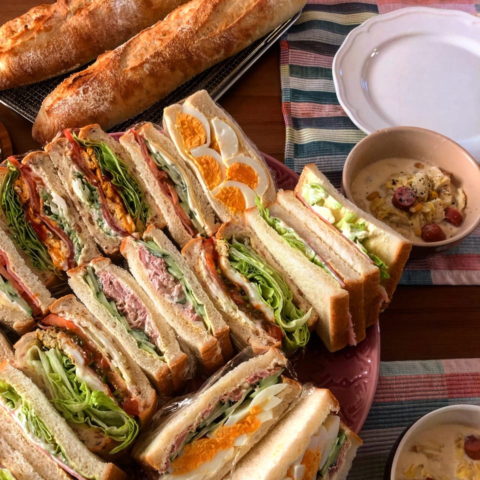 A platter of deli sandwiches with baguettes and a bowl of soup on a striped placemat.