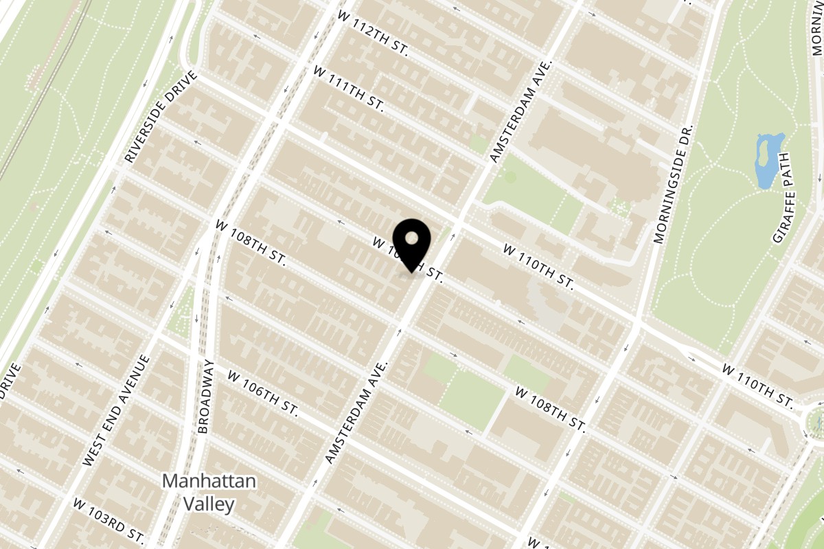 Map showing the location of 109 Spicy Gourmet Deli on 990 Amsterdam Ave in New York